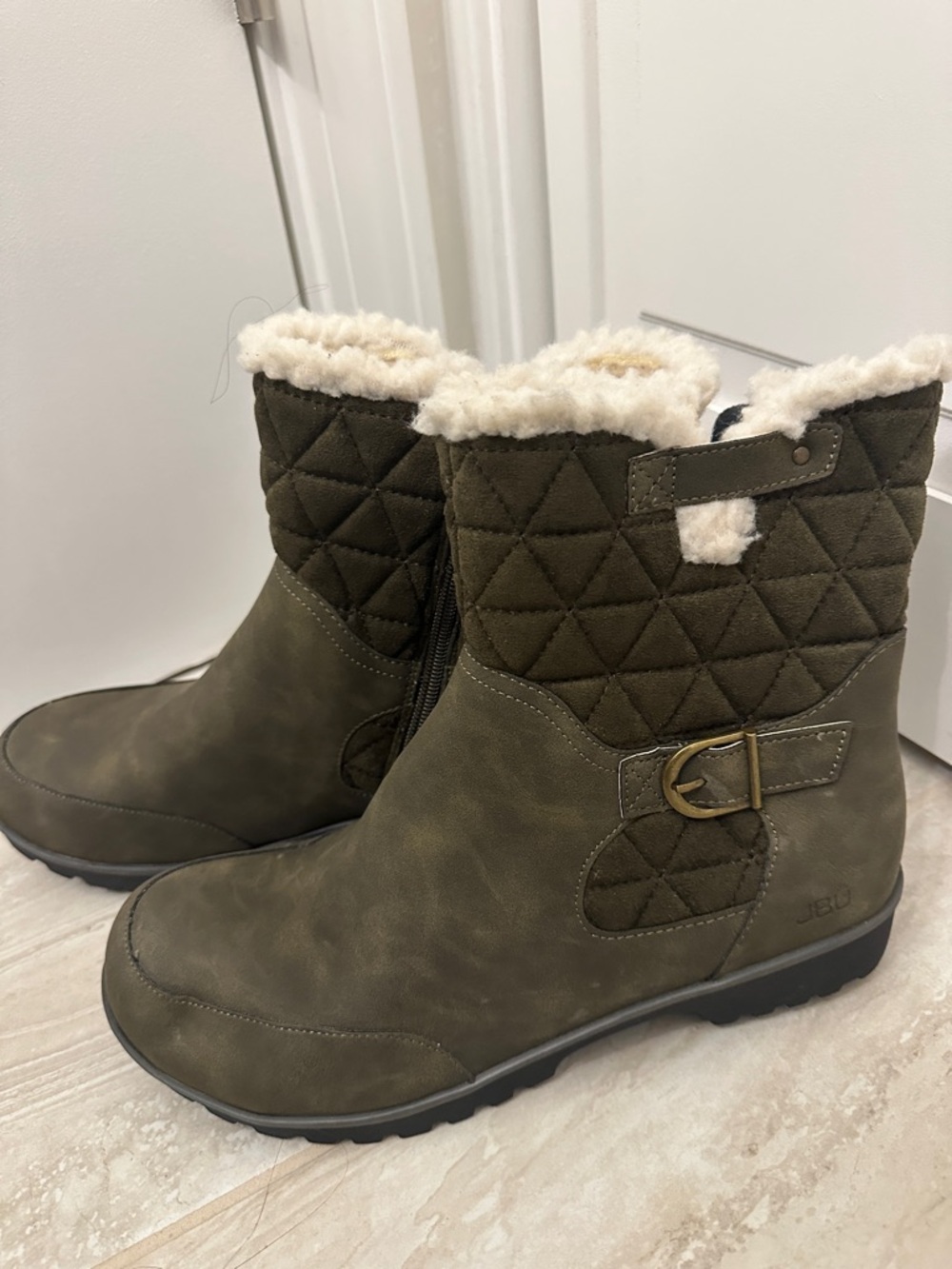 JBU Olive Quilted Faux-Fur Cuff Ankle Boots